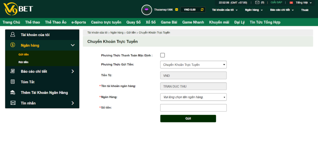 Chuyển khoản trực tuyến tại V9bet