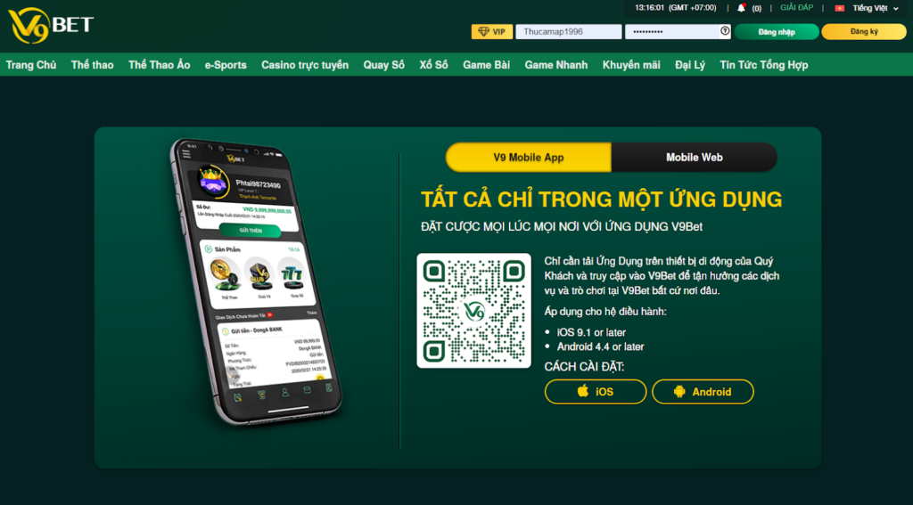 Hướng dẫn đăng nhập tài khoản V9bet thông qua app