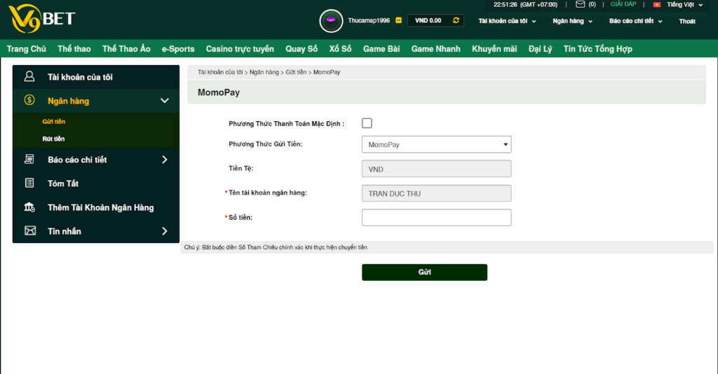 Gửi tiền V9bet MomoPay